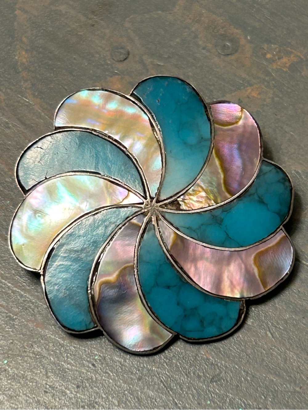 Stunning Sterling pendant & brooch
Turquoise & mother of pearl 
One of the mothe
